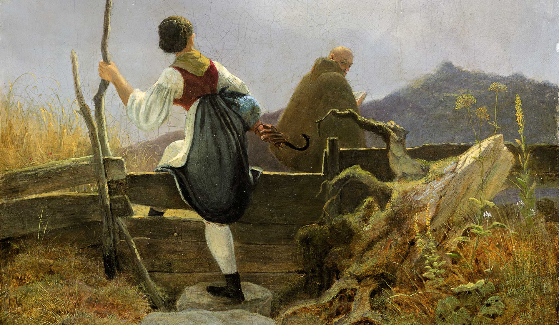 Carl Spitzweg, Sennerin und Mnch, 1838, l auf Leinwand, Museum Georg Schfer, Schweinfurt,  Museum Georg Schfer, Schweinfurt - Ausschnitt